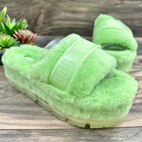 ❌SOLD❌NIB UGG Fluffita 9 40 Parakeet Green Clear Slide Slipper Platform Sandals - Picture 4 of 12